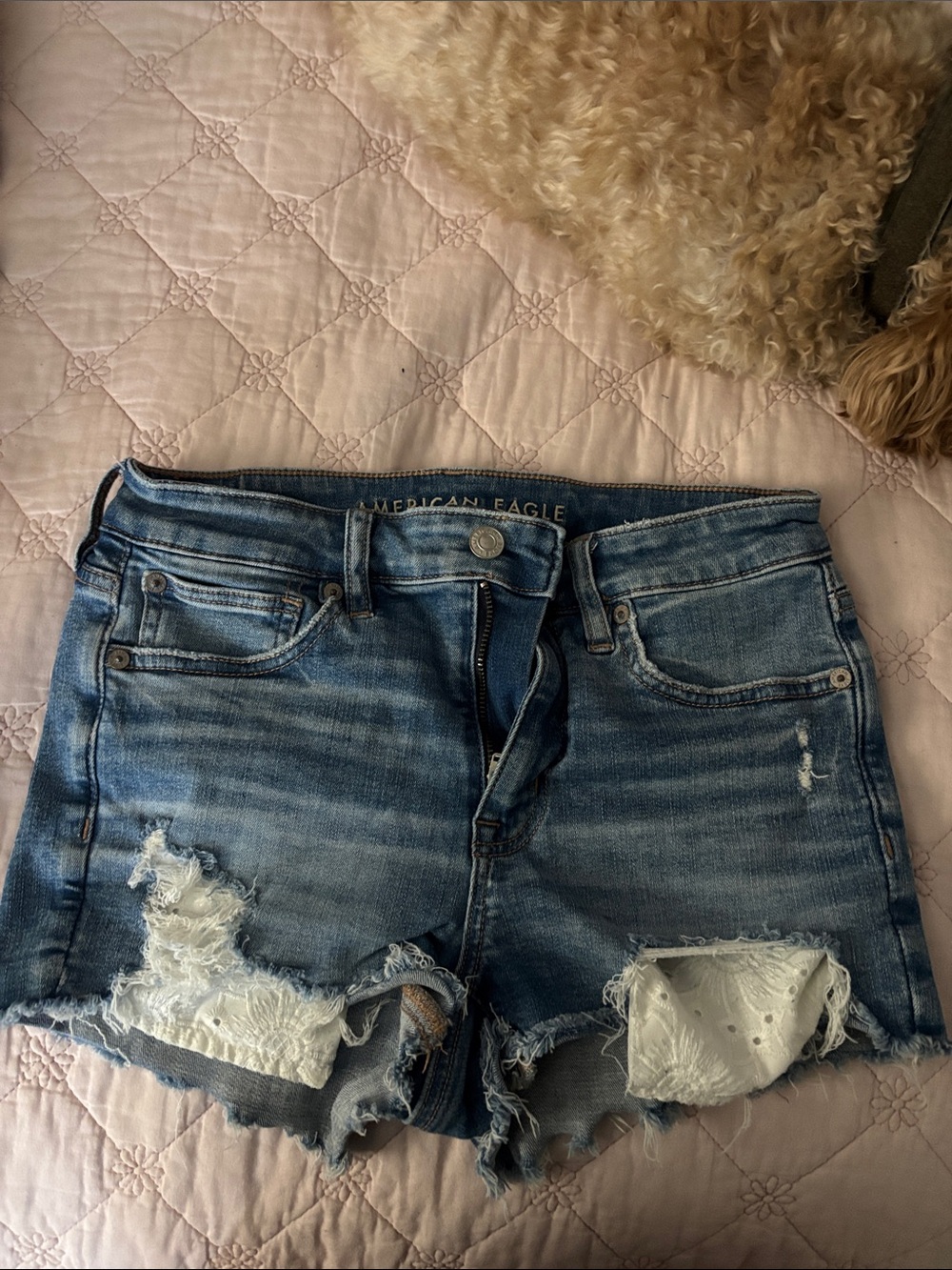 American Eagle Outfitters Distressed Blue Denim Shorts with Lace Insets